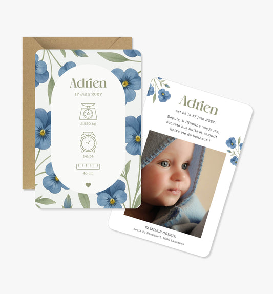 Faire-part de naissance – arche fleurs pensées bleu vert