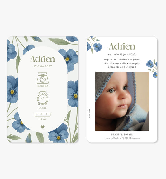 Faire-part de naissance – arche fleurs pensées bleu vert