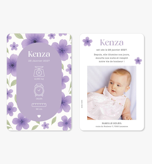 Faire-part de naissance – arche fleurs lilas violet vert