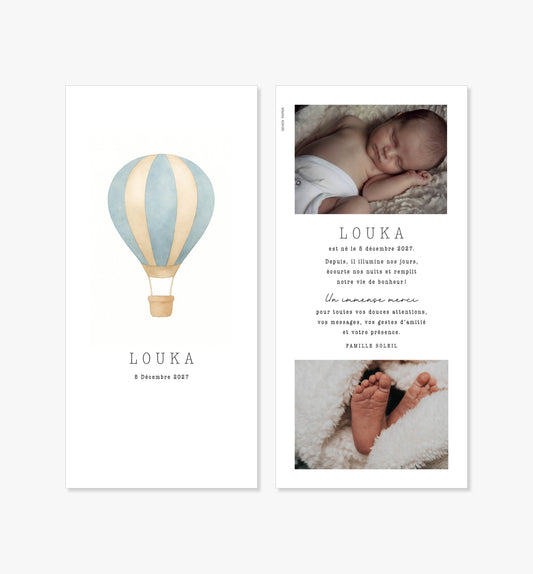 Faire-part de naissance – montgolfière bleu beige aquarelle