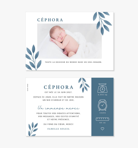 Faire-part de naissance – feuillage bleu illustration minimaliste