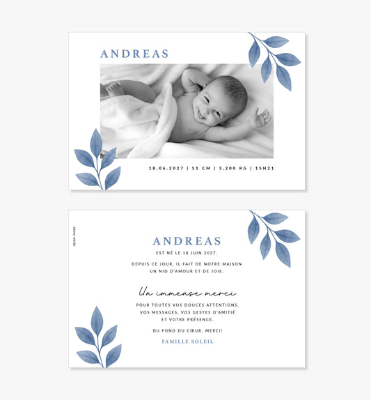 Faire-part de naissance – branche feuilles bleu minimaliste