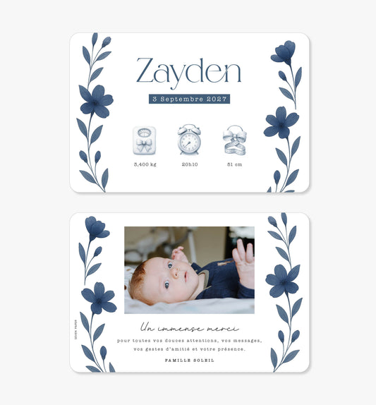 Faire-part de naissance – bouquet sauvage bleu aquarelle