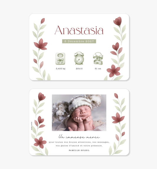 Faire-part de naissance – bouquet sauvage bordeaux vert sauge aquarelle