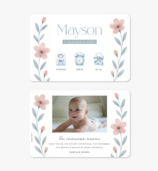 Faire-part de naissance – bouquet sauvage rose bleu aquarelle