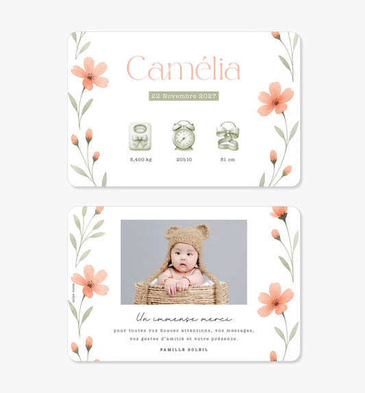 Faire-part de naissance – bouquet sauvage saumon vert sauge aquarelle