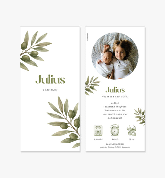 Faire-part de naissance – branche olivier vert aquarelle