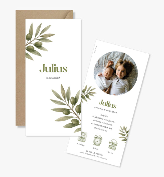 Faire-part de naissance – branche olivier vert aquarelle