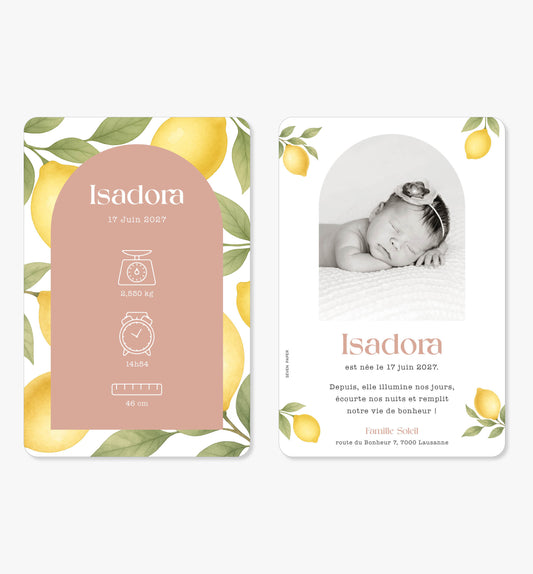 Faire-part de naissance – arche rose citrons jaunes