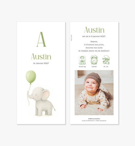 Faire-part de naissance – éléphant ballon vert aquarelle