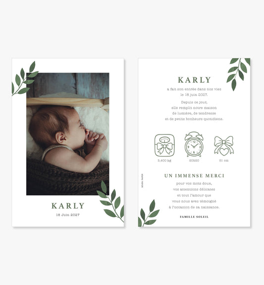 Faire-part de naissance – branche de feuilles vert minimaliste
