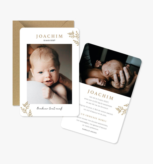 Faire-part de naissance – branche feuilles beige minimaliste