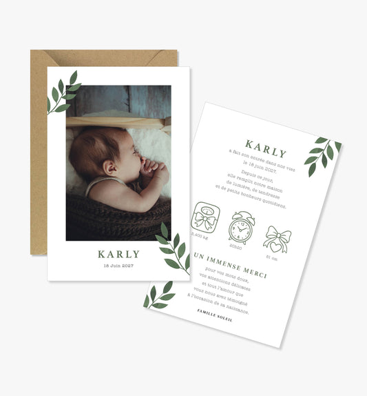 Faire-part de naissance – branche de feuilles vert minimaliste