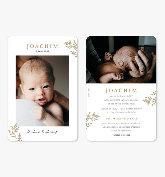 Faire-part de naissance – branche feuilles beige minimaliste
