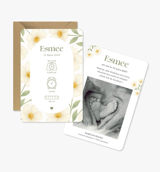 Faire-part de naissance – arche fleurs camélia blanc vert