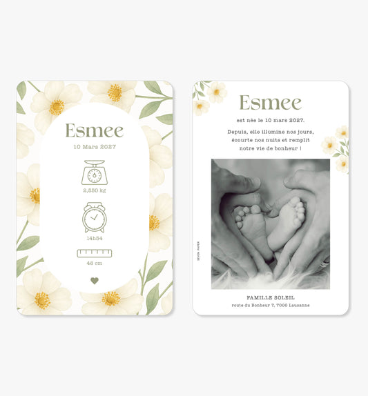 Faire-part de naissance – arche fleurs camélia blanc vert