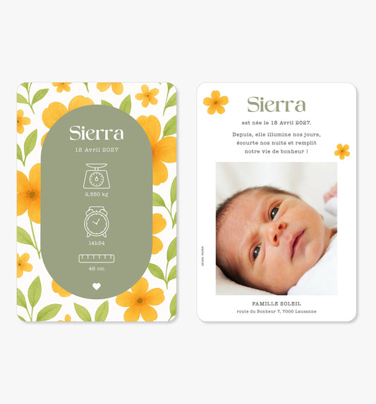 Faire-part de naissance – arche fleurs orange jaune vert