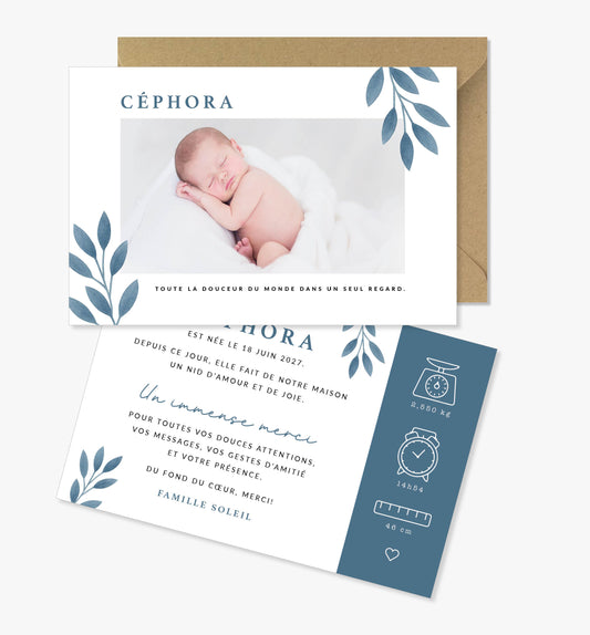 Faire-part de naissance – feuillage bleu illustration minimaliste