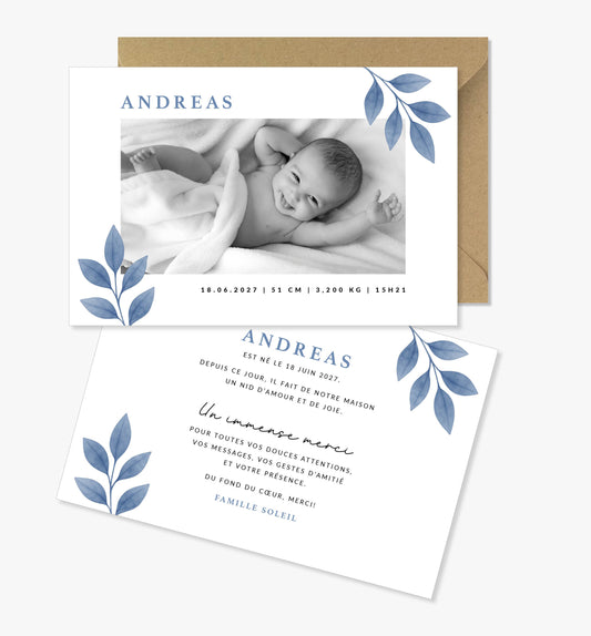 Faire-part de naissance – branche feuilles bleu minimaliste
