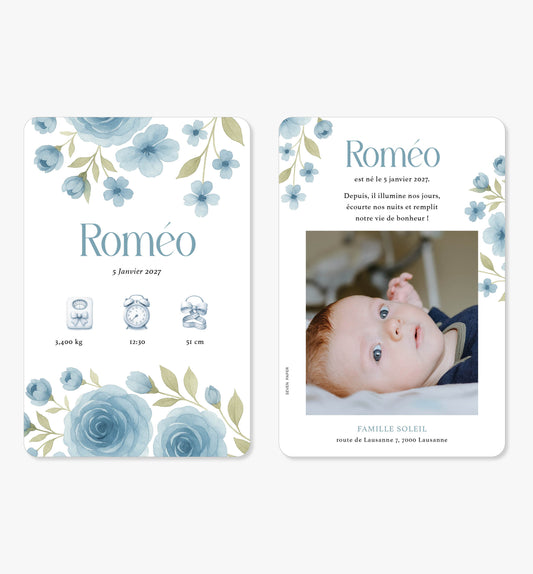 Faire-part de naissance – fleurs bleu vert jardin aquarelle