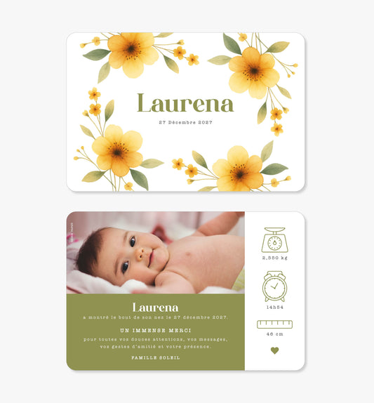 Faire-part de naissance – fleurs orange jaune vert aquarelle