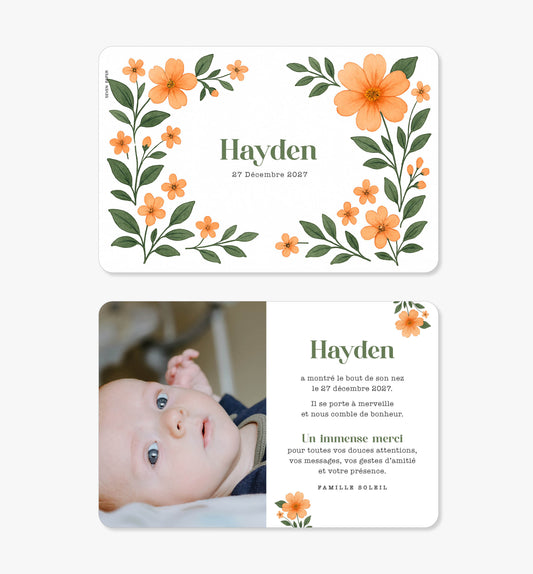 Faire-part de naissance – fleurs orange vert aquarelle