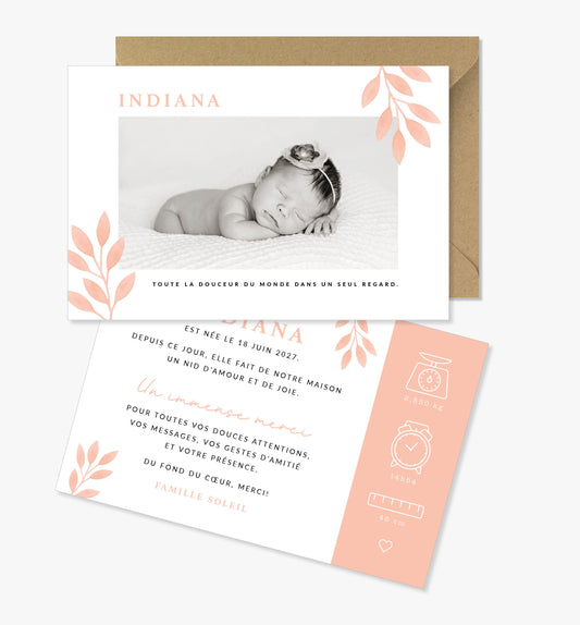 Faire-part de naissance – feuillage rose saumonn illustration minimaliste