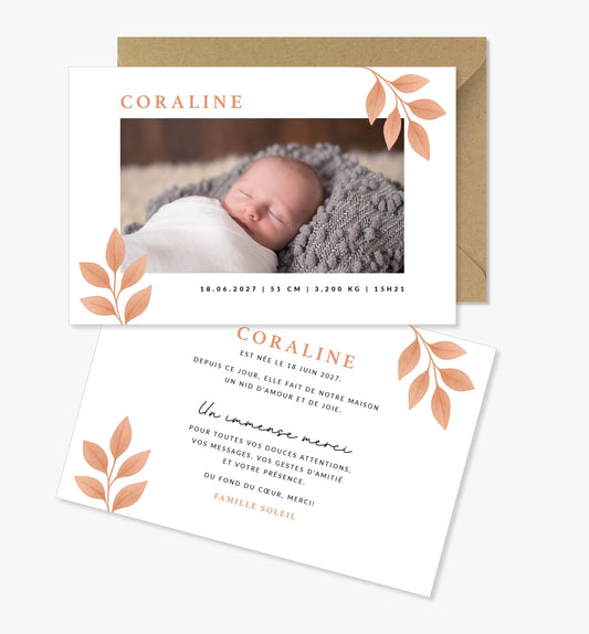 Faire-part de naissance – branche feuilles rose saumon minimaliste