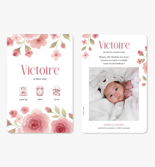 Faire-part de naissance – fleurs rose vert jardin aquarelle
