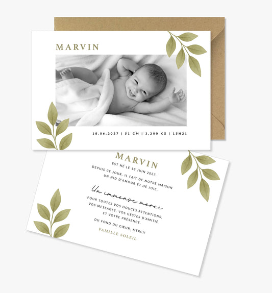 Faire-part de naissance – branche feuilles vert minimaliste