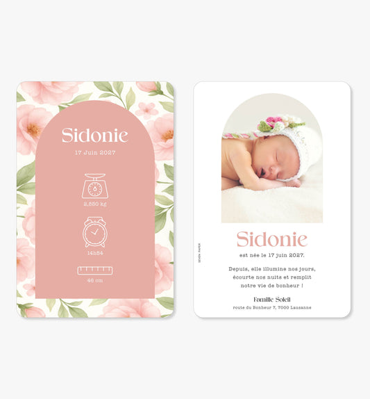 Faire-part de naissance – arche rose pivoines
