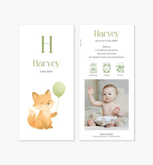 Faire-part de naissance – renard ballon vert aquarelle
