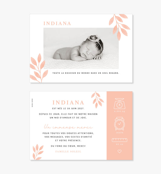 Faire-part de naissance – feuillage rose saumonn illustration minimaliste
