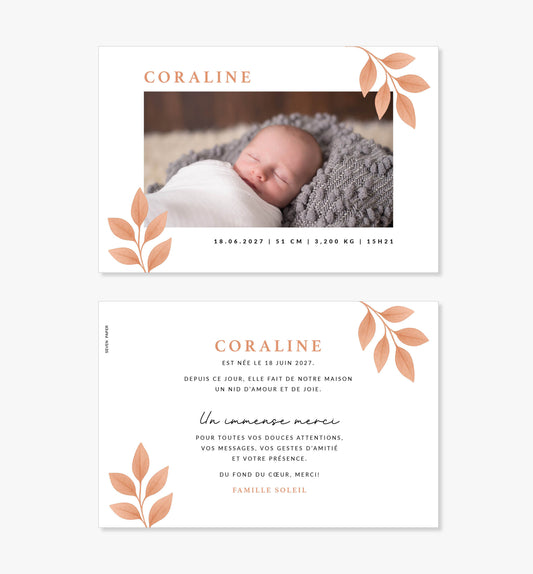 Faire-part de naissance – branche feuilles rose saumon minimaliste
