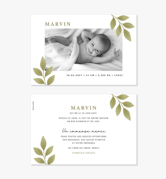 Faire-part de naissance – branche feuilles vert minimaliste