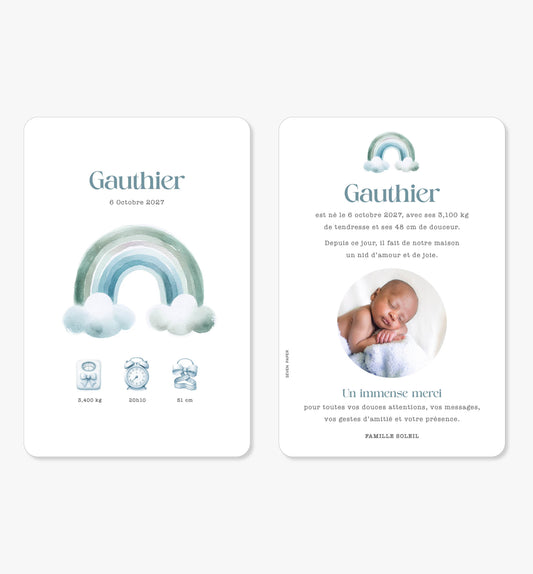 Faire-part de naissance – arc-en-ciel bleu aquarelle