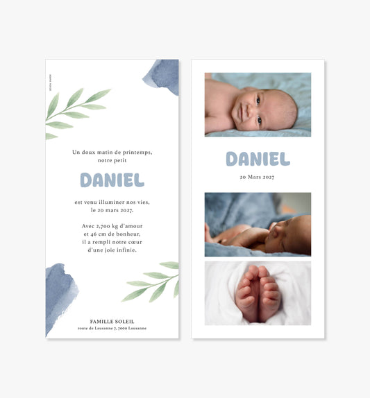 Faire-part de naissance – aquarelle bleu et feuillage vert