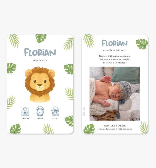 Faire-part de naissance – lion tropical vert bleu illustration
