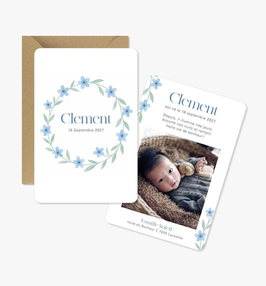 Faire-part de naissance – couronne feuilles vert fleurs bleu