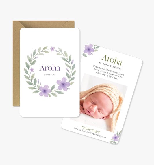 Faire-part de naissance – couronne feuilles vert lilas