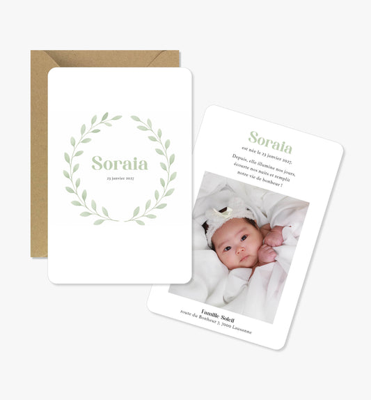 Faire-part de naissance – couronne feuilles vert minimaliste