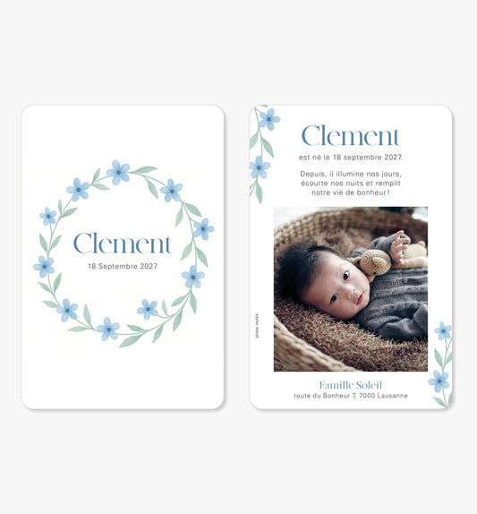Faire-part de naissance – couronne feuilles vert fleurs bleu