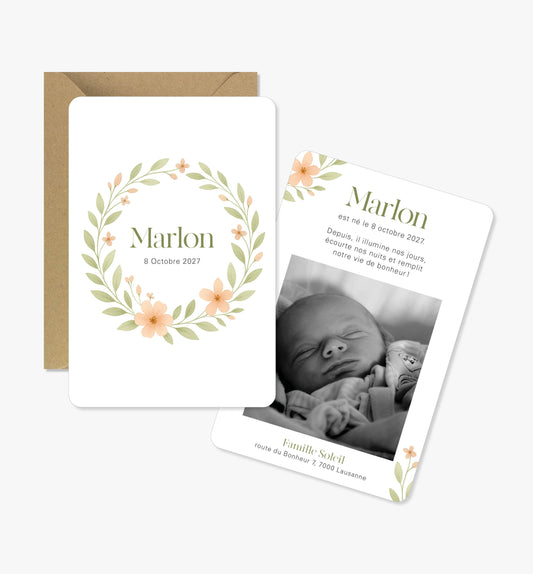 Faire-part de naissance – couronne feuilles vert fleurs saumon
