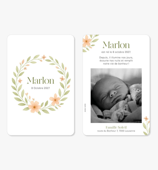 Faire-part de naissance – couronne feuilles vert fleurs saumon