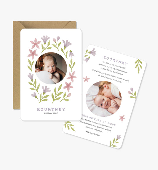 Faire-part de naissance – printemps lilas rose vert
