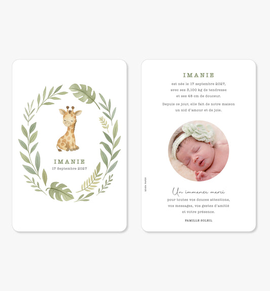 Faire-part de naissance – girafe douce jungle
