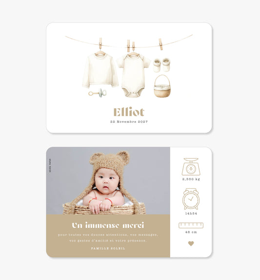Faire-part de naissance – beige illustration bébé vêtements