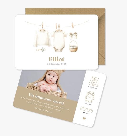 Faire-part de naissance – beige illustration bébé vêtements