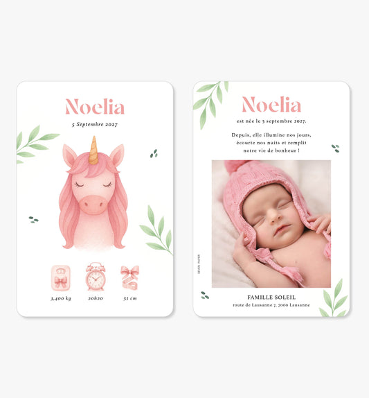 Faire-part de naissance fille – licorne rose vert illustration