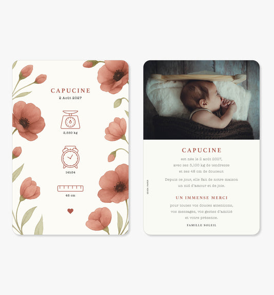 Faire-part de naissance – coquelicots sauvages bordeaux vert